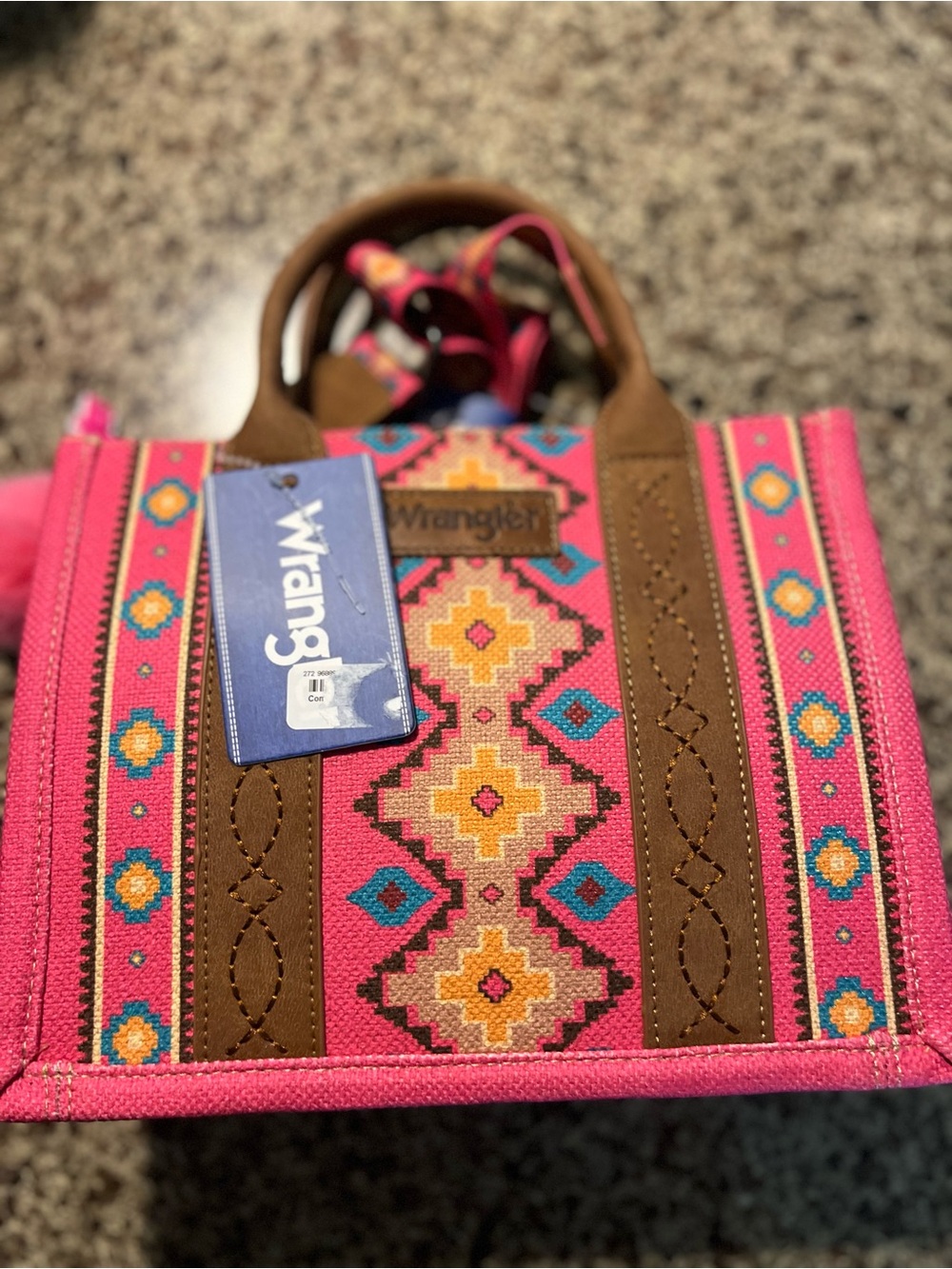 Wrangler Pink Southwestern Patterned Tote with Brown Trim